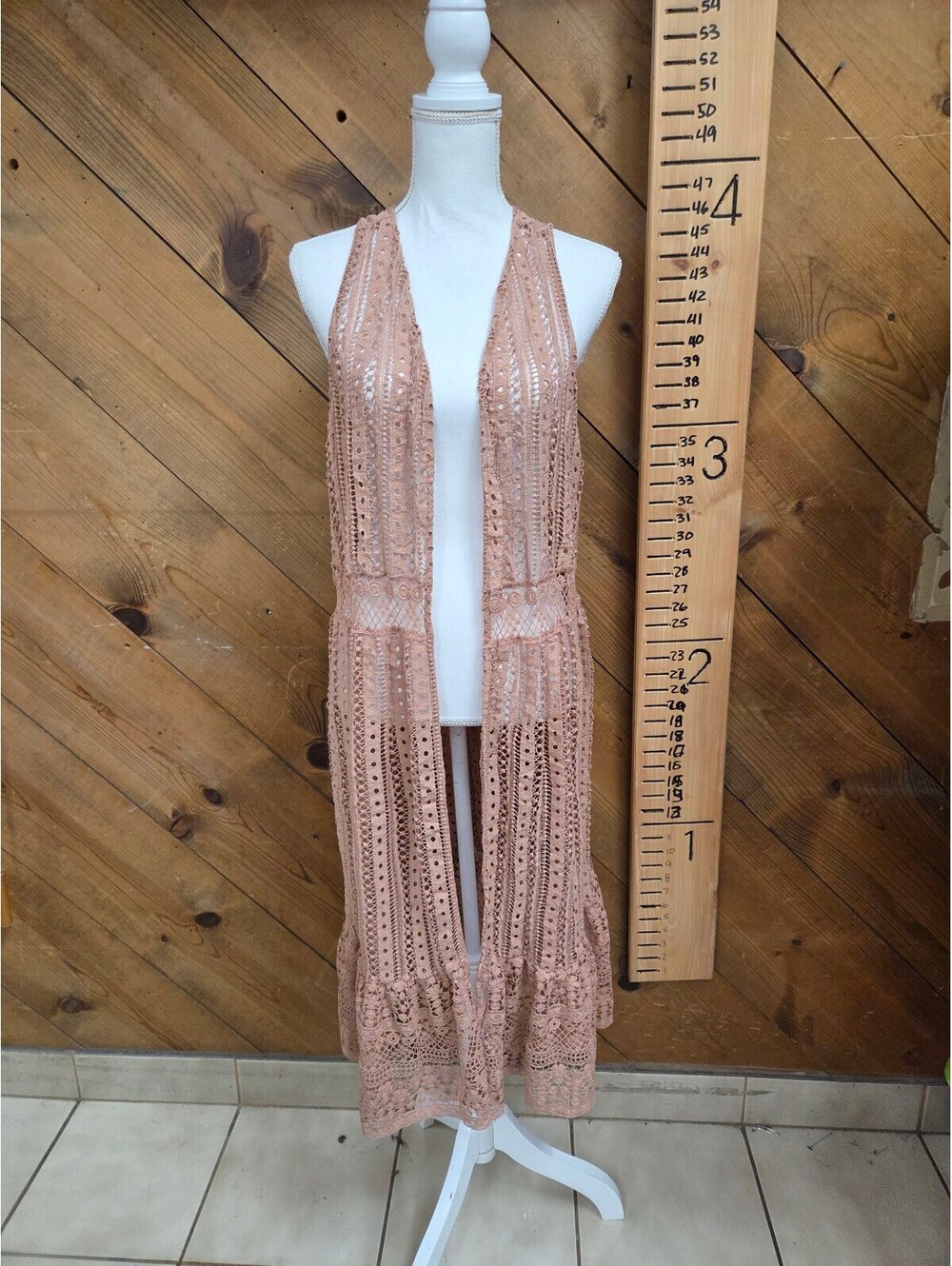 Cato Women 18/20 Blush Pink Crochet Lace Duster Vest Boho Festival Long Cardigan - Picture 3 of 9